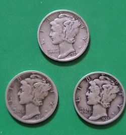 3-coin collection of 1937 P, D, and S Mercury dimes