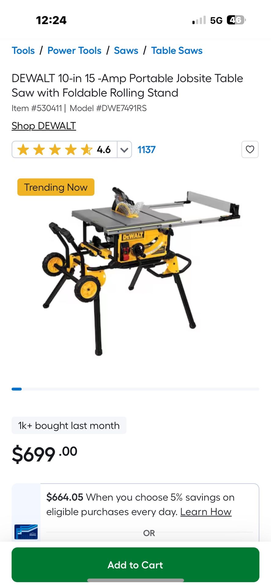 DEWALT 10-in 15 -Amp Portable Jobsite Table Saw with Foldable Rolling Stand
