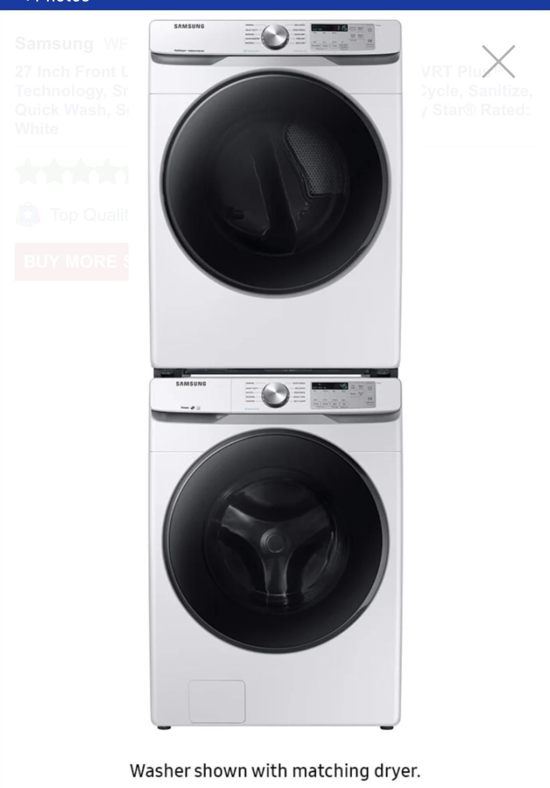 Samsung Washer And Dryer DVG45R6100W/A3 7.5 Cubic Feet Gas Stackable Dryer Samsung WF45R6100AW 27 Inch Front Load Washer with 4.5 Cu. Ft. Capacity,