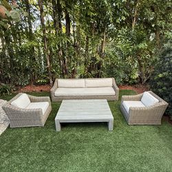 Restoration Hardware 4-piece Provence Outdoor Lounge Set. Couch, chairs, coffee table. RH Patio Sofa