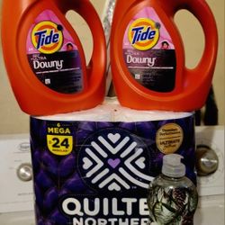 2 TIDE ULTRA DOWNY (26 Loads/37 fl oz), Quilted Northern 6 Mega=24 Ultra Plush (3-ply), &  Palmolive White Spruce Scent (28oz) For $23 