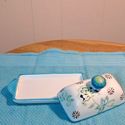 Dutch Wax Peacock & Floral Covered Butter Dish Hand Painted Ceramic 