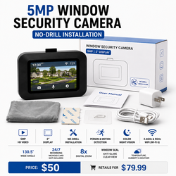 NEW 5MP Window Security Camera with 2" Display. No-Drill Installation