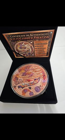 Beautiful 1 KILO 1000 grams .999 COLORIZED COPPER DRAGON Limited Edition,  with COA & display box