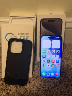 Unlocked Iphone 15 Pro with box and case and screen protector