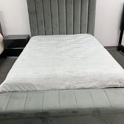 Valencia Grey Velvet Queen Bed Frame With Storage Bench