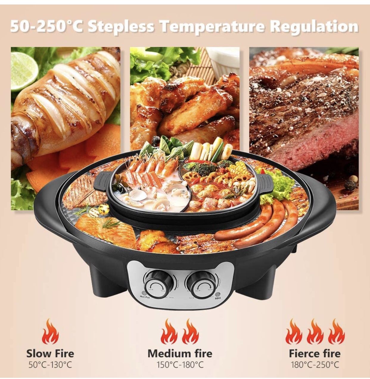 2 in 1 Portable Electric Grill Upgraded 2200W Electric Hot BBQ Pot for Indoor Outdoor Parties, Black