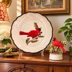 Vintage Lot 2 Red Cardinal Bird Mann Porcelain Music Box Decorative Large Handpainted Plate Works 