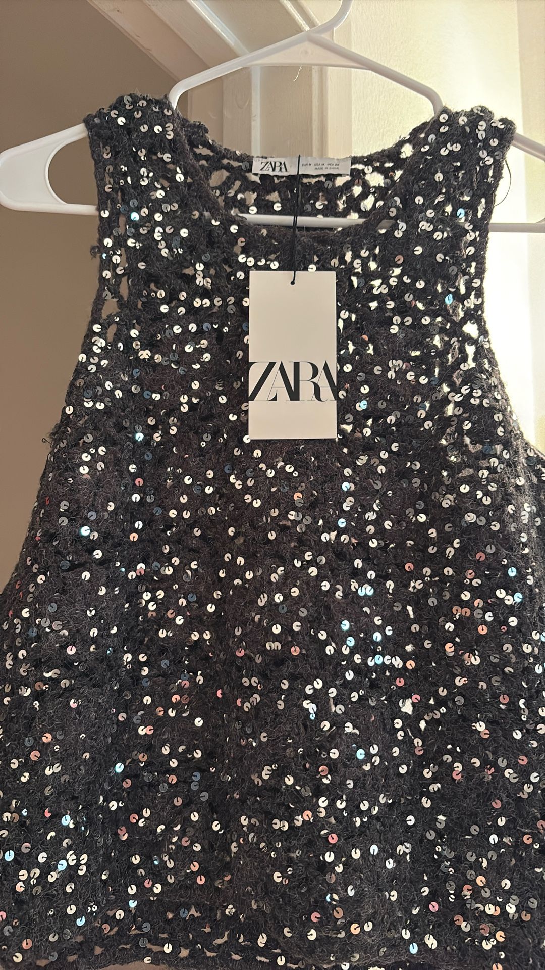 ZARA Grey Crocheted Sequins Sweater Vest Size MED NEW!!!