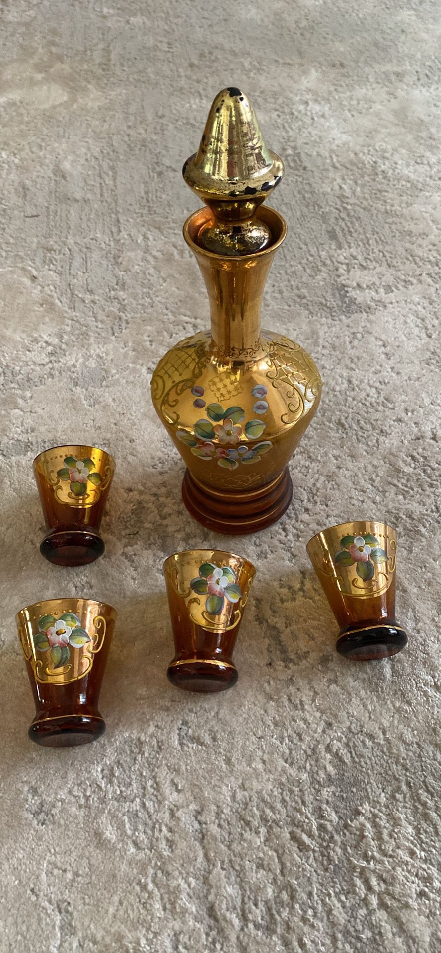 Vintage Gilded Gold Cranberry Glass Decanter Lot 