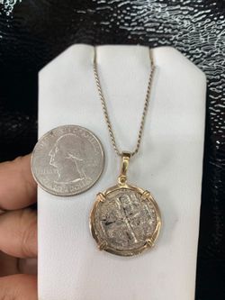 Atocha silver coin pendant in 14k solid gold bezel with silver chain