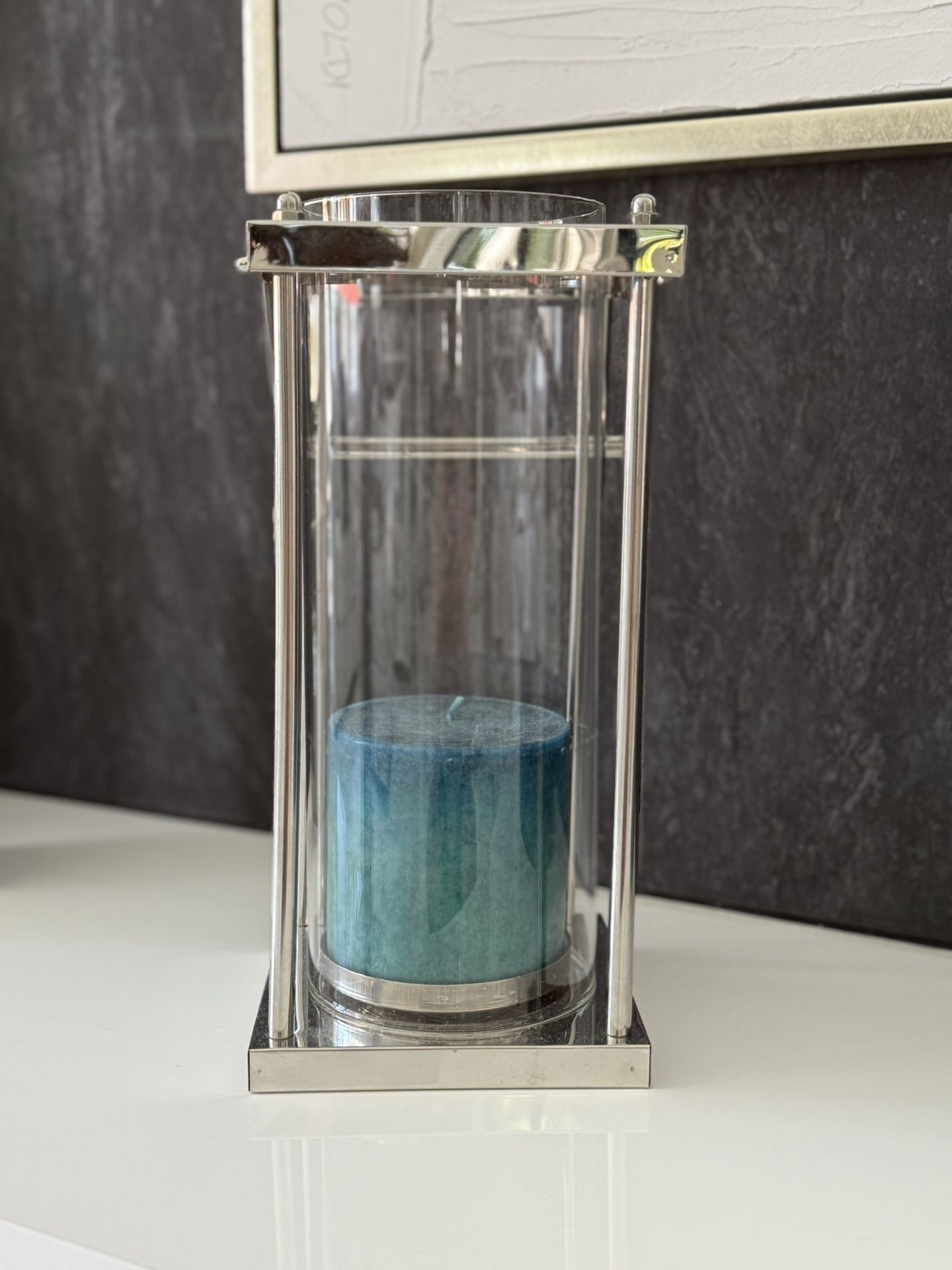 Modern Glass & chrome Lantern with teal Candle 