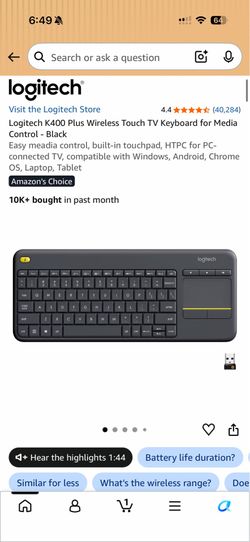Logitech K400 Plus Wireless Touch TV Keyboard for Media Control - Black