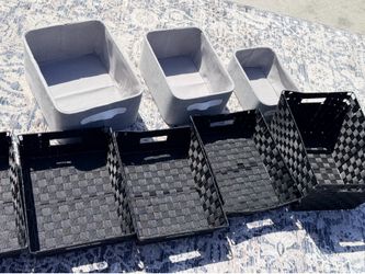 Gray Fabric Storage Bins and Black Woven Baskets