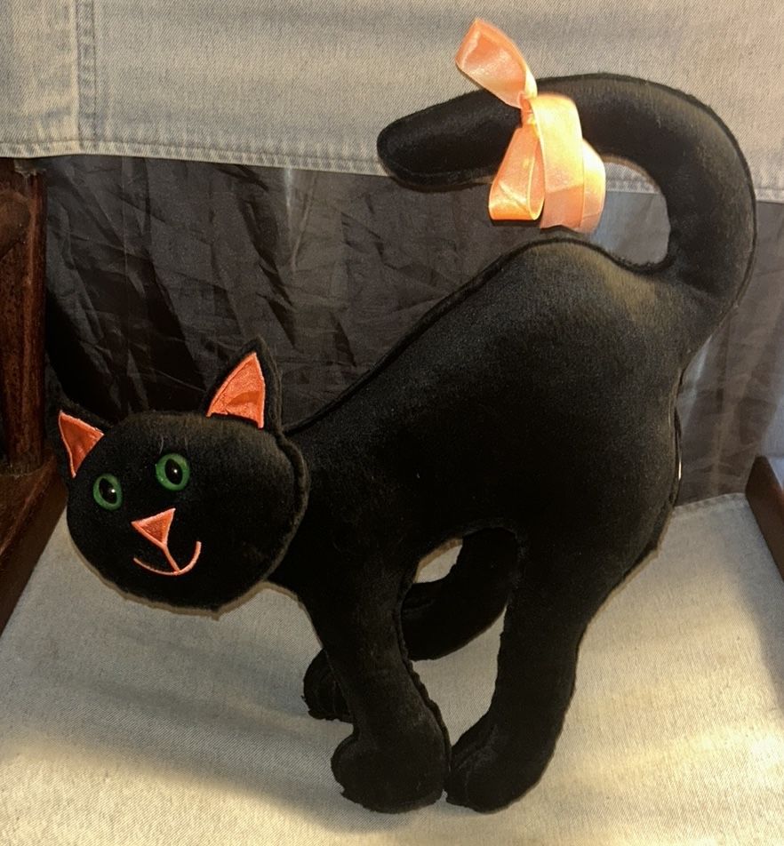 Vintage Kids of America Halloween Black Cat Plush Toy with Orange Accents