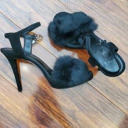 Michael Kors Black Heels Open Fluffy Toe Size 6 Ankle Strap Heels