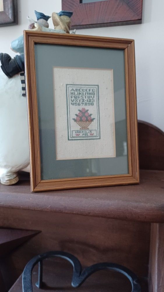 Vintage framed colonial embroidery needlecraft sampler American Country Folk art