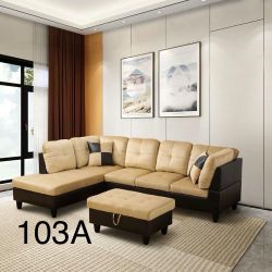 New Beige Sectional Couch Set With Ottoman
