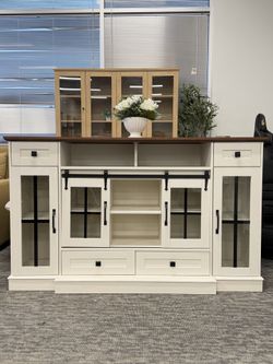 Fully Assembled✨59” TV Stand for up to 65” TVs — a stylish media console featuring sliding barn doors, open shelves, and ample storage spa