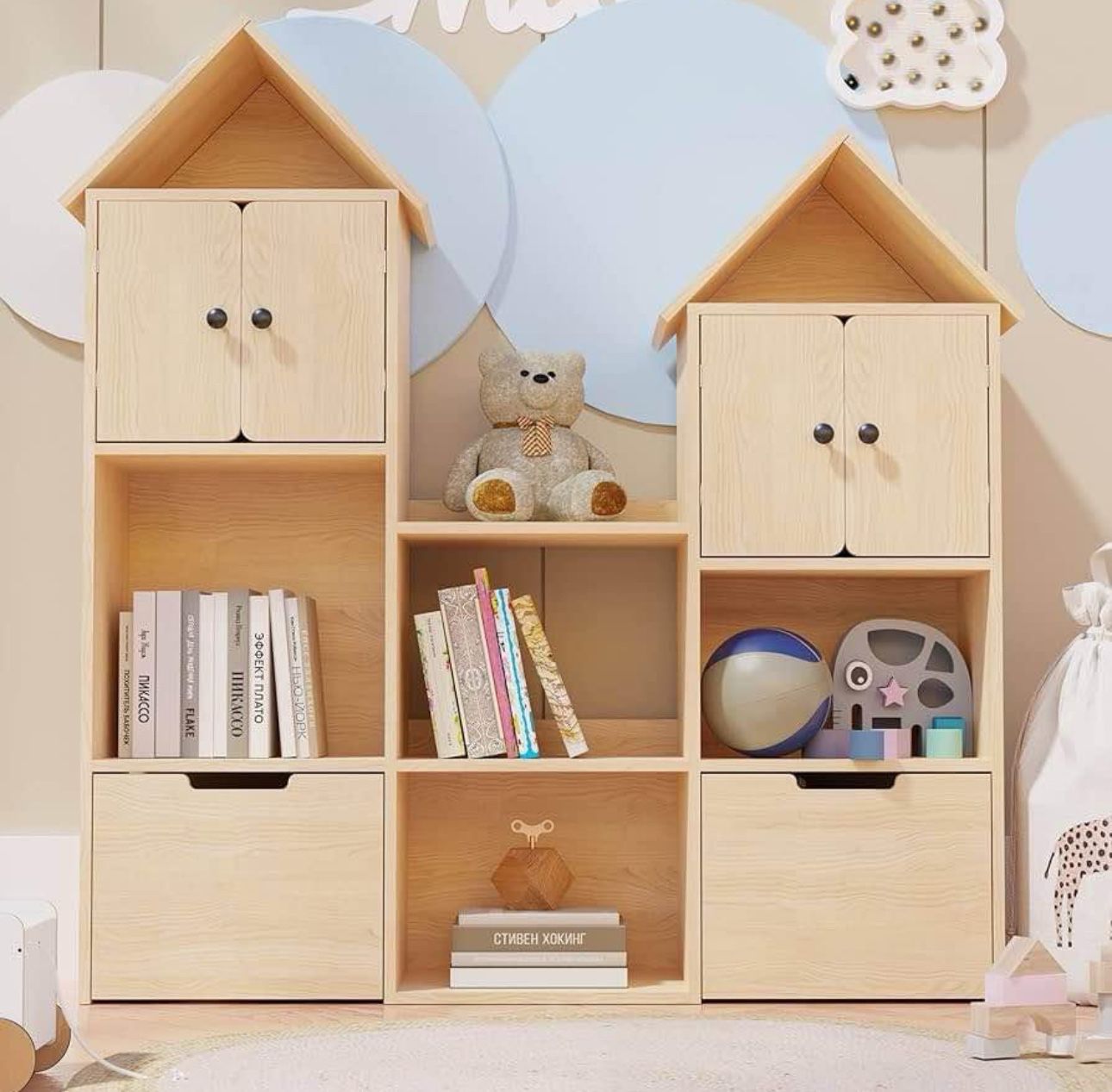 Wooden Kids Bookshelf with Toy Box, Toy Storage Organizer with Wheels, Kids Bookcase for Playroom, B