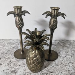 Vintage Pineapple Brass Candle Holder Set