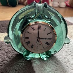 Fenton Green Glass Clock With 2 Small Oval Picture Holders