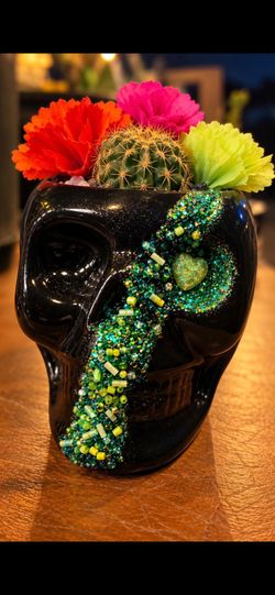 Black Sugar Skull Planter with Bead Embellishments