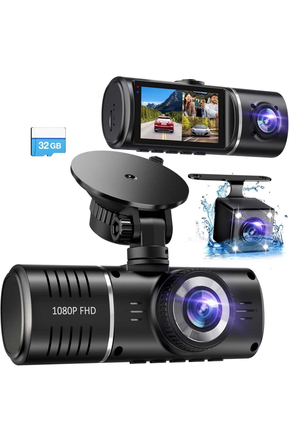 Dash Cam Front and Rear, 1080P Dash Camera for Cars, 3 Channel Car Camera Front Rear and Inside with 32GB Card, Loop Recording, Night Vision, HDR, G-S