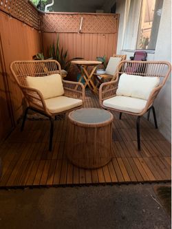 3 Piece Outdoor Wicker Patio Set with Tempered Glass Top Table