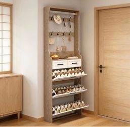 Hall Tree with Shoe Storage Cabinet and Coat Rack Slim Entryway Hall Tree with 3 Flip Drawers and 2 Storage Drawers for Narrow Halls and Mudroom White