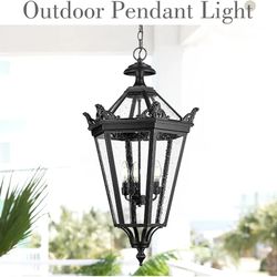 Emliviar 32 Inch Outdoor Front Door Hanging Light, Farmhouse Exterior Pendant Lantern Waterproof Ceiling Mount with Seeded Glass, Black Finish