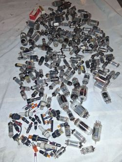 collection of vintage electron vacuum tubes, also known as thermionic valves.