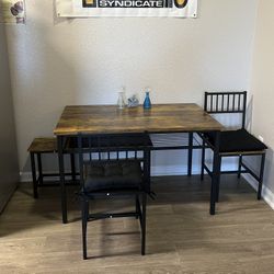 Farmhouse Kitchen Table Chairs Set for 4,47.24"Modern Dining Table Set for 4 with Bench and Chairs Storage Rack