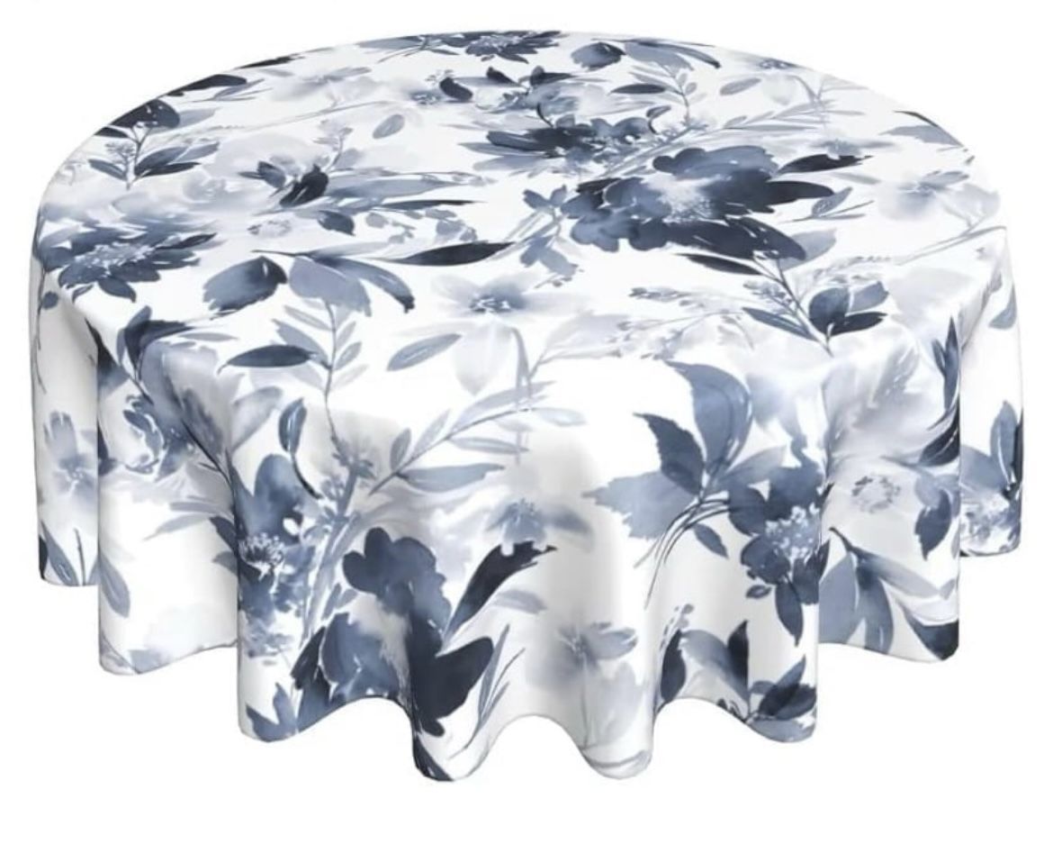 Navy Blue Floral Tablecloth Round 60 Inch, Dark Blue.   (AB)