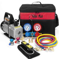 XtremepowerUS Premium 4CFM Air Vacuum Pump HVAC A/C Refrigeration Kit AC Manifold Gauge Case Set R134a Tap w/Leak Detector and Carrying Tote Bag

