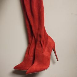 Red Fabric Over The Knee Boots 
