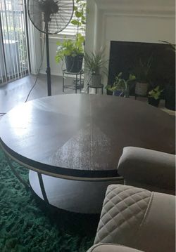 Round Dark Wood Dining Table with Metal Base