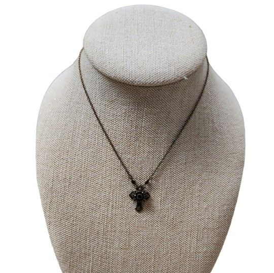 Vintage Kenny Ma San Francisco Bronze Garnet Embellished Cross Pendant Necklace