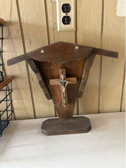 Vintage Rustic Wooden Wall Shrine with Crucifix