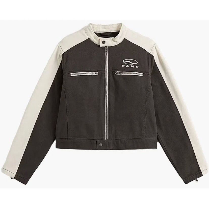 Vans Ryden Biker Jacket Women XS Gray White Full Zip Embroidered Logo New