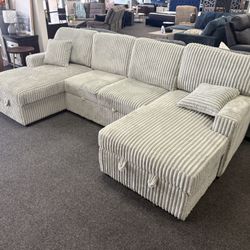 Sleeper Sectional Sofa With Storage Chaise In Grey Corduroy