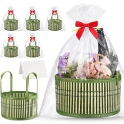 6 Set Baskets for Gifts Empty Valentine's Day DIY Bulk Large Woven Bamboo Gift Basket Kit with Handle Wrap Bag Red Bow to Fill for Wedding Birthdays