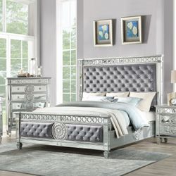 Frame Queen Grey And Mirrored Finish, Grey Velvet, Solid Wood, Others. New Especial Price