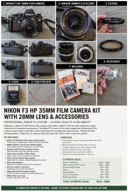 Nikon F3 HP Camera + 28mm Lens + Flash + Extras
