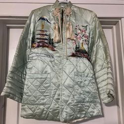 Antique (end of 1930’s beginning of 1940’s) Ladies Asian Style Teal Silk Coat/Jacket