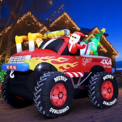  FT Long Santa in Monster Truck Christmas Inflatables Outdoor Decorations, Christmas Blow Up Santa Claus Yard Decorations for Garden Lawn Xmas Decor