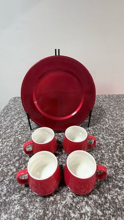 2 Red Charger Plate and 4 Mugs Set