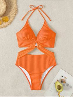 Swim Chiccia 2026 Spring/Summer Solid Orange & Silver Circular Ring Criss-Cross Deep V-Neck Sexy Backless Crop Top Bikini Swimsuit