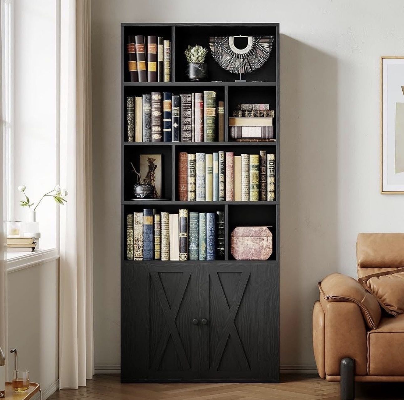 Bookcase with Doors, Tall Bookshelf with Storage, Bookshelves and Bookcases with 8 Open Cubes for Living Room, Bedroom, Office