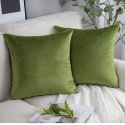 Phantoscope Pack of 2 soft and solid terrycloth decorative cushion covers for sofa, green color, 18 x 18 inches, 